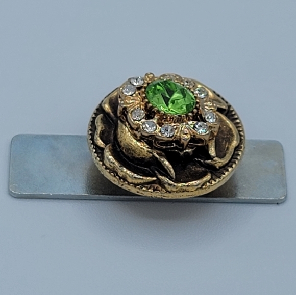 Vintage Button Brooch Goldtone Green Crystal Magnet #665 - Picture 4 of 12